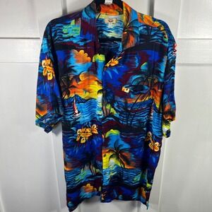 M&B Mens XXL Tropical Island Sunset Palm Tree Hibiscus Aloha Camp Shirt Blue
